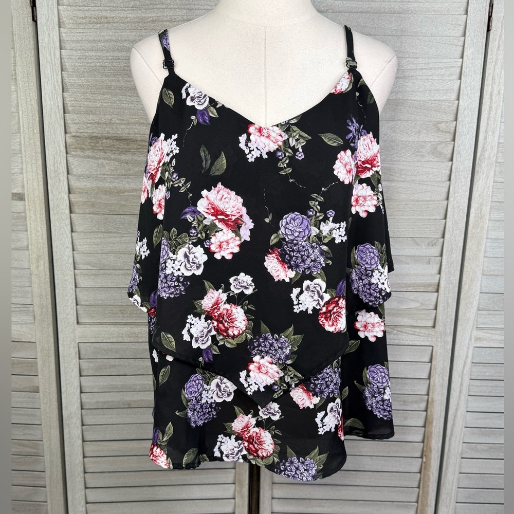 TORRID Sophie Georgette Tiered Swing Cami w Criss/Cross Back Black/Floral-0X